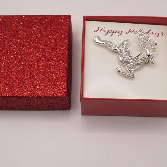 Reindeer Silver Tone Rhinestone Brooch - Picture 5 of 8